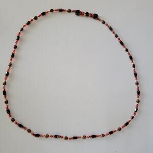 Vintage Beaded Necklace with Black Faceted Beads Amber Ovals and Red Crystals